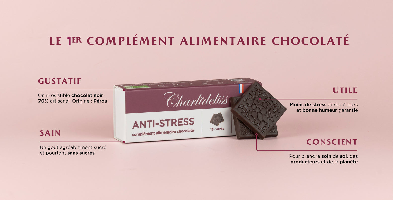Bienfaits chocolat
noir Charlidéliss.
Meilleur chocolat noir
pour la santé. Chocolat
noir 70%. Chocolat
sans sucre diabète.
Destressant naturel.
Complement
alimentaire anxiete.
Regulateur d’humeur.