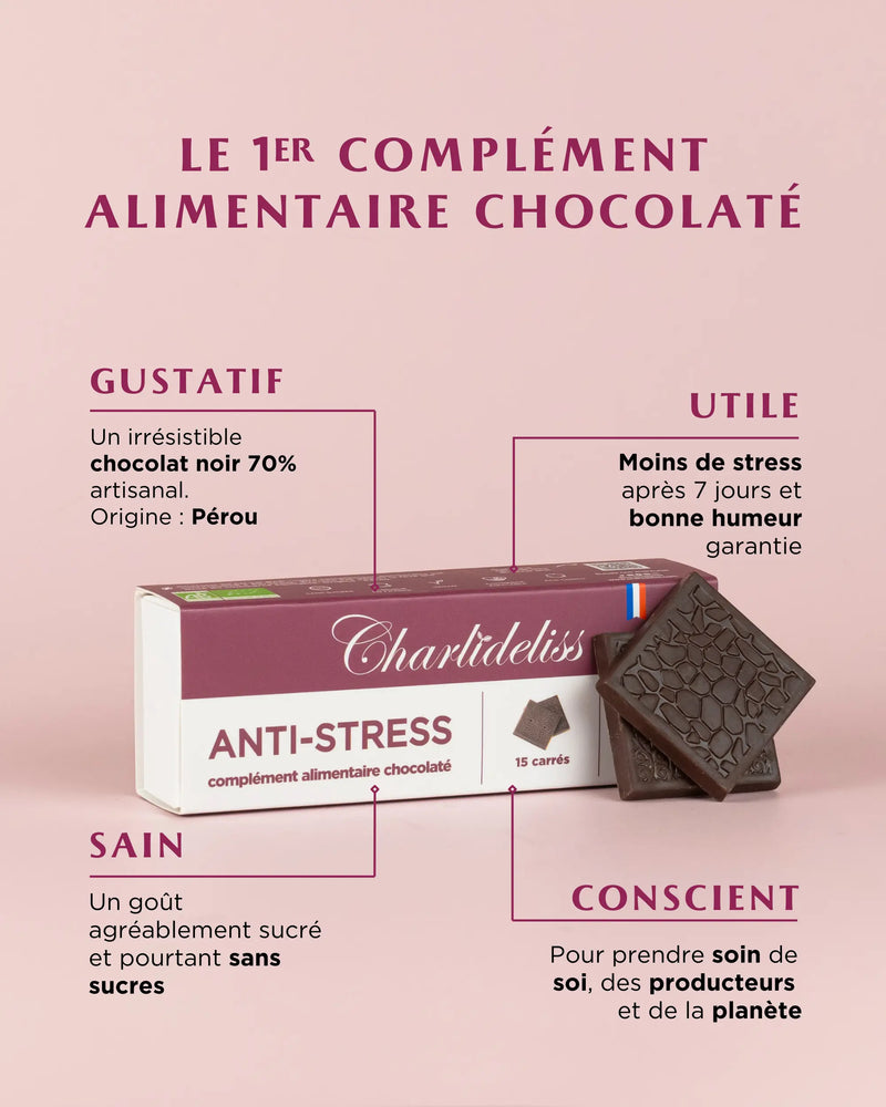 Bienfaits chocolat
noir Charlidéliss.
Meilleur chocolat noir
pour la santé. Chocolat
noir 70%. Chocolat
sans sucre diabète.
Destressant naturel.
Complement
alimentaire anxiete.
Regulateur d’humeur.