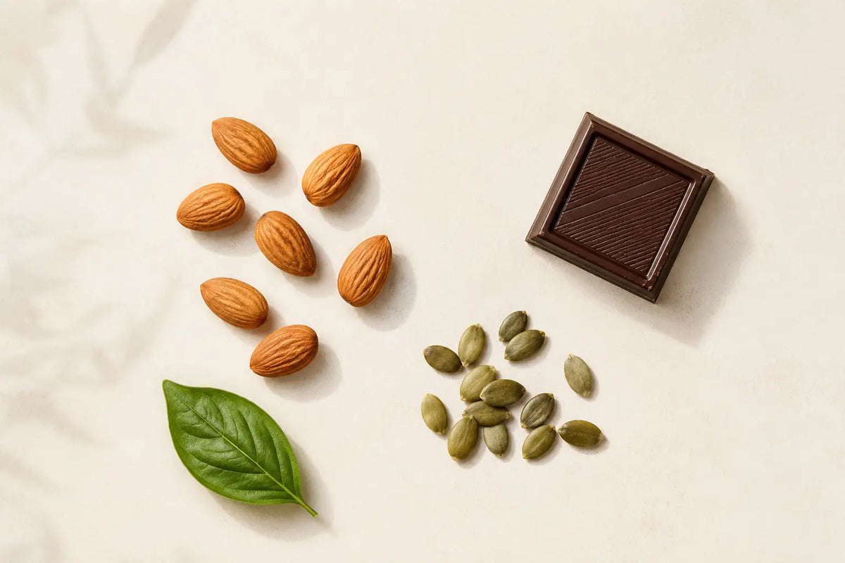 Aliments riches en magnésium disposés sur fond ivoire : amandes, graines de courge, chocolat noir, feuille verte