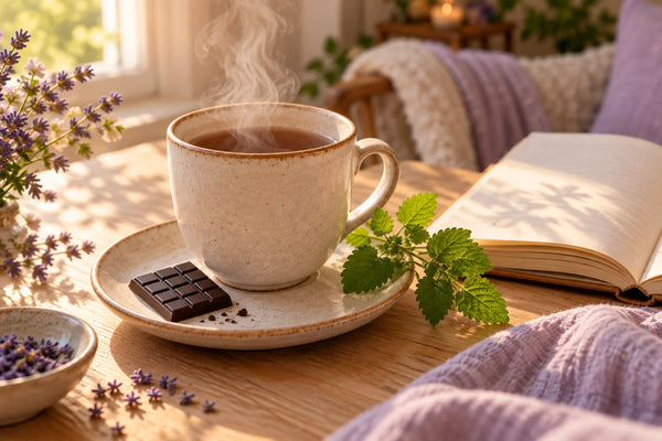 Complément alimentaire stress : une pause avec un carré de chocolat noir et une infusion chaude