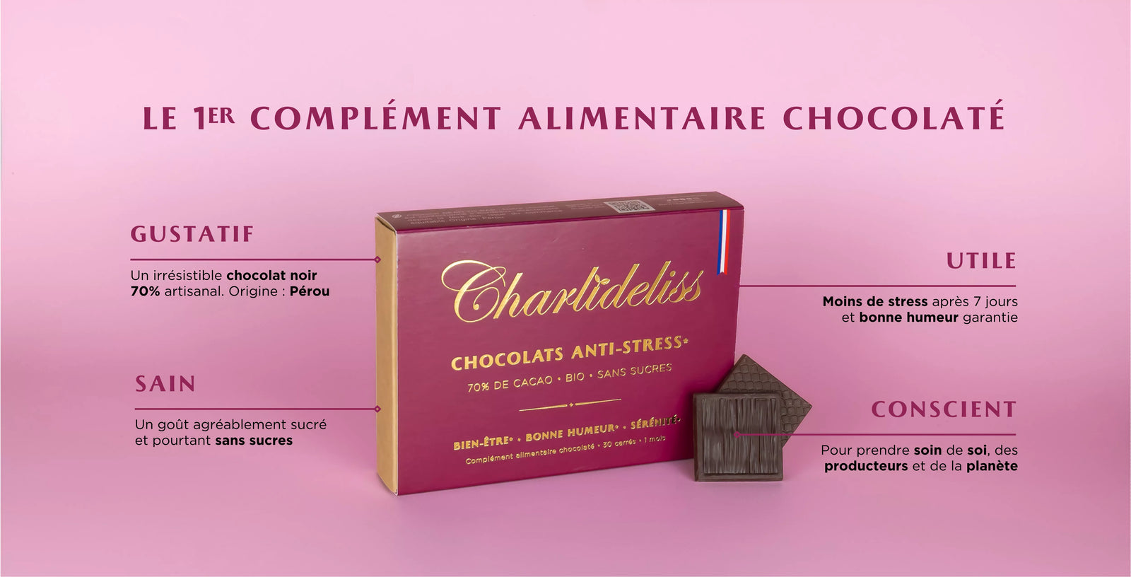 Bienfaits chocolat
noir Charlidéliss.
Meilleur chocolat noir
pour la santé. Chocolat
noir 70%. Chocolat
sans sucre diabète.
Destressant naturel.
Complement
alimentaire anxiete.
Regulateur d’humeur.