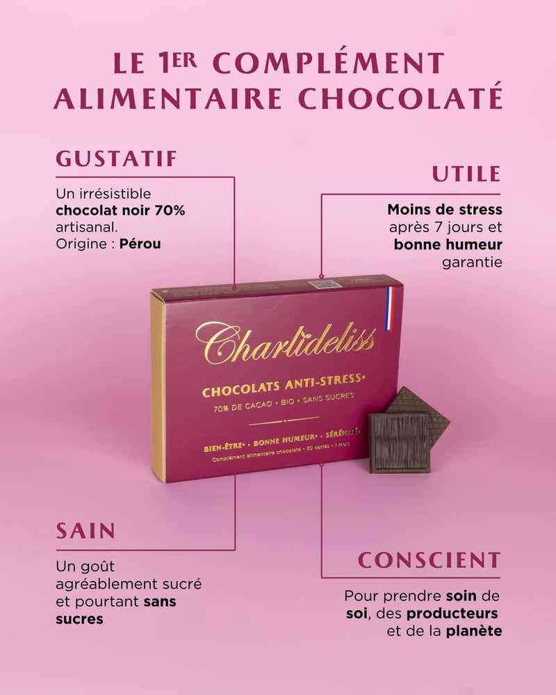 Bienfaits chocolat
noir Charlidéliss.
Meilleur chocolat noir
pour la santé. Chocolat
noir 70%. Chocolat
sans sucre diabète.
Destressant naturel.
Complement
alimentaire anxiete.
Regulateur d’humeur.
