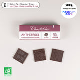 Antistress naturel puissant sous forme de carreaux de chocolat noir 70% de cacao. Cure de 15 jours. 1 carré par jour. Certifié bio et 100% remboursé avec nostrum care