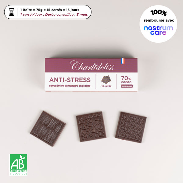 Antistress naturel puissant sous forme de carreaux de chocolat noir 70% de cacao. Cure de 15 jours. 1 carré par jour. Certifié bio et 100% remboursé avec nostrum care