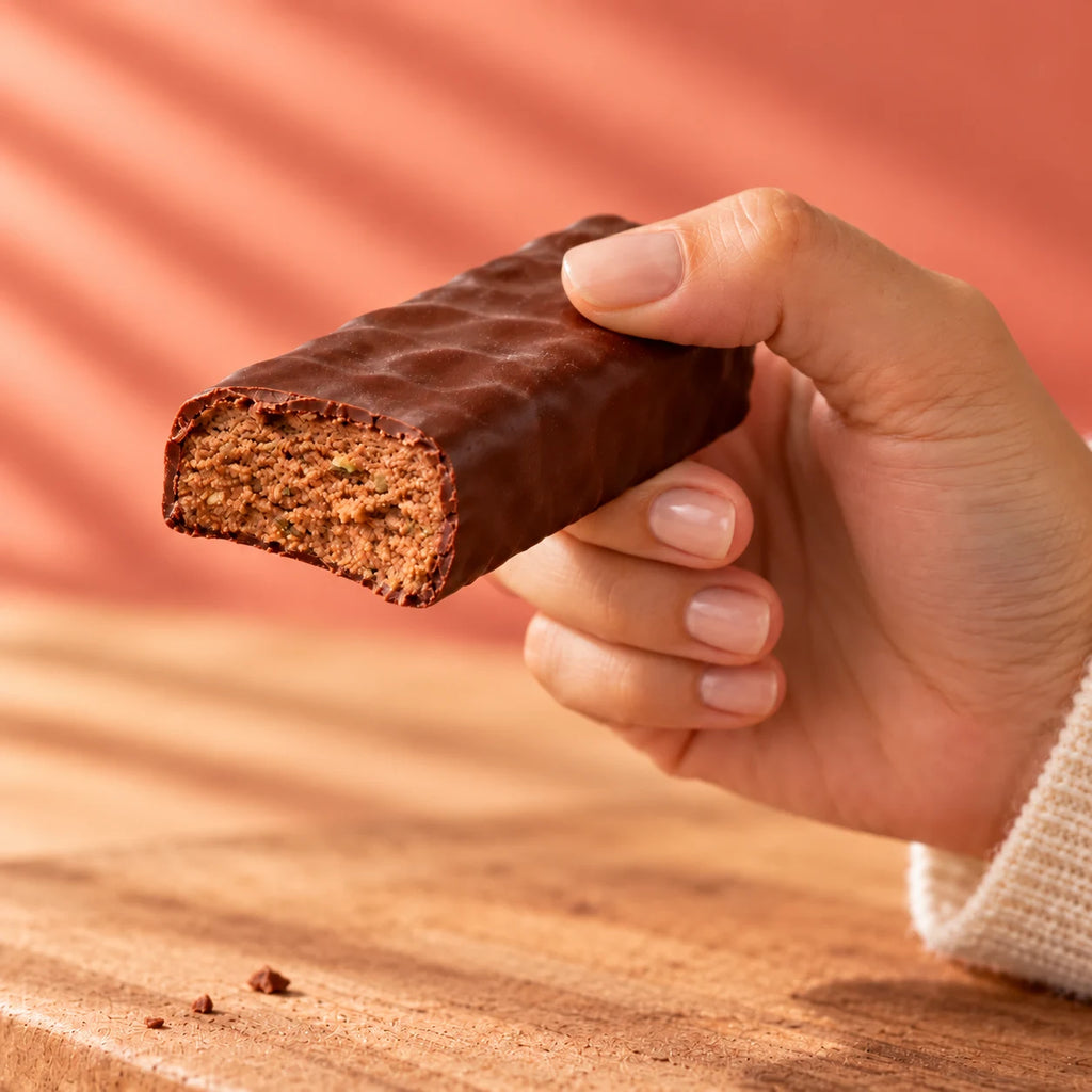 Barre chocolat collagène croquée, tenue en main