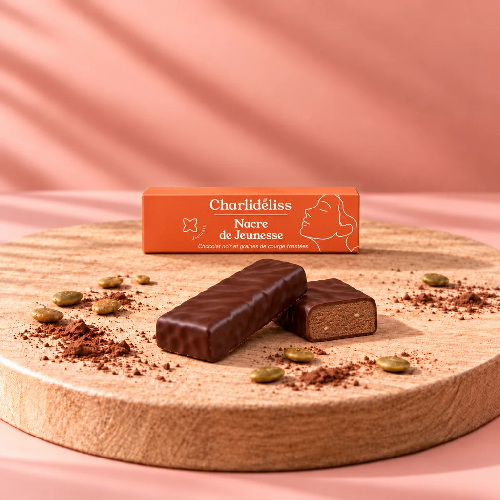 Étui de la barre chocolat collagène végétarien Nacre de Jeunesse de Charlidéliss