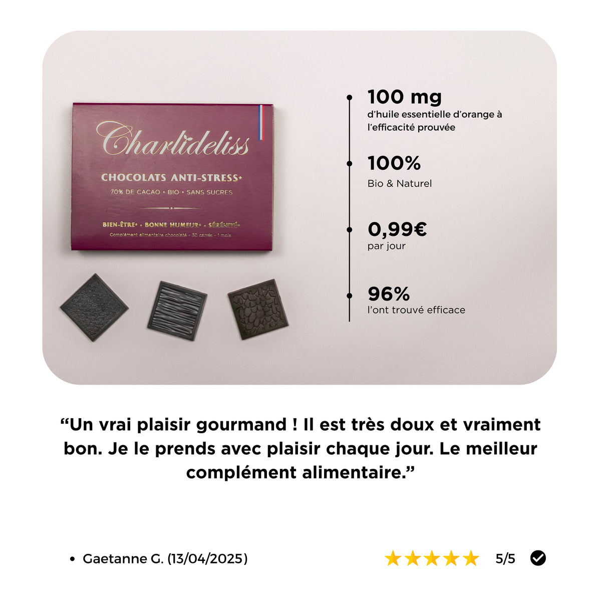 Une boîte de chocolats noirs 70% de cacao au pouvoir anti-stress naturel puissant prouvé par la science. Un effet anxiolytique à effet immédiat dès 7 jours de cure. 