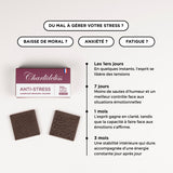 Antistress naturel puissant sous forme de carreaux de chocolat noir français haut de gamme pour mieux gérer le stress et éviter baisse de moral, anxiété et fatigue