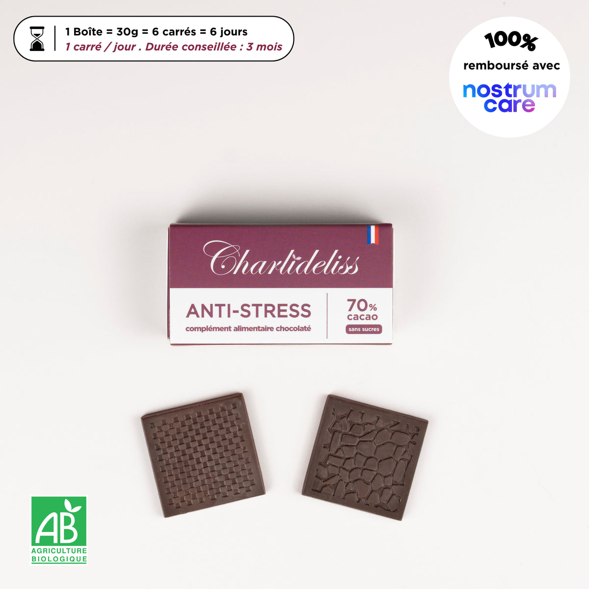 Antistress naturel puissant sous forme de carreaux de chocolat noir 70% de cacao. Cure de 6 jours pour tester le produit. 1 carré par jour. Certifié bio et 100% remboursé avec nostrum care
