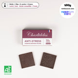 Antistress naturel puissant sous forme de carreaux de chocolat noir 70% de cacao. Cure de 6 jours pour tester le produit. 1 carré par jour. Certifié bio et 100% remboursé avec nostrum care