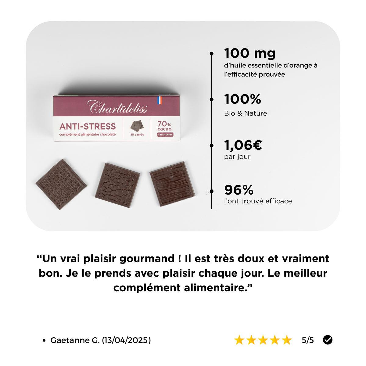 chocolat français haut de gamme aux bienfaits du chocolat noir décuplés avec une huile essentielle relaxante pour un effet antistress naturel puissant 