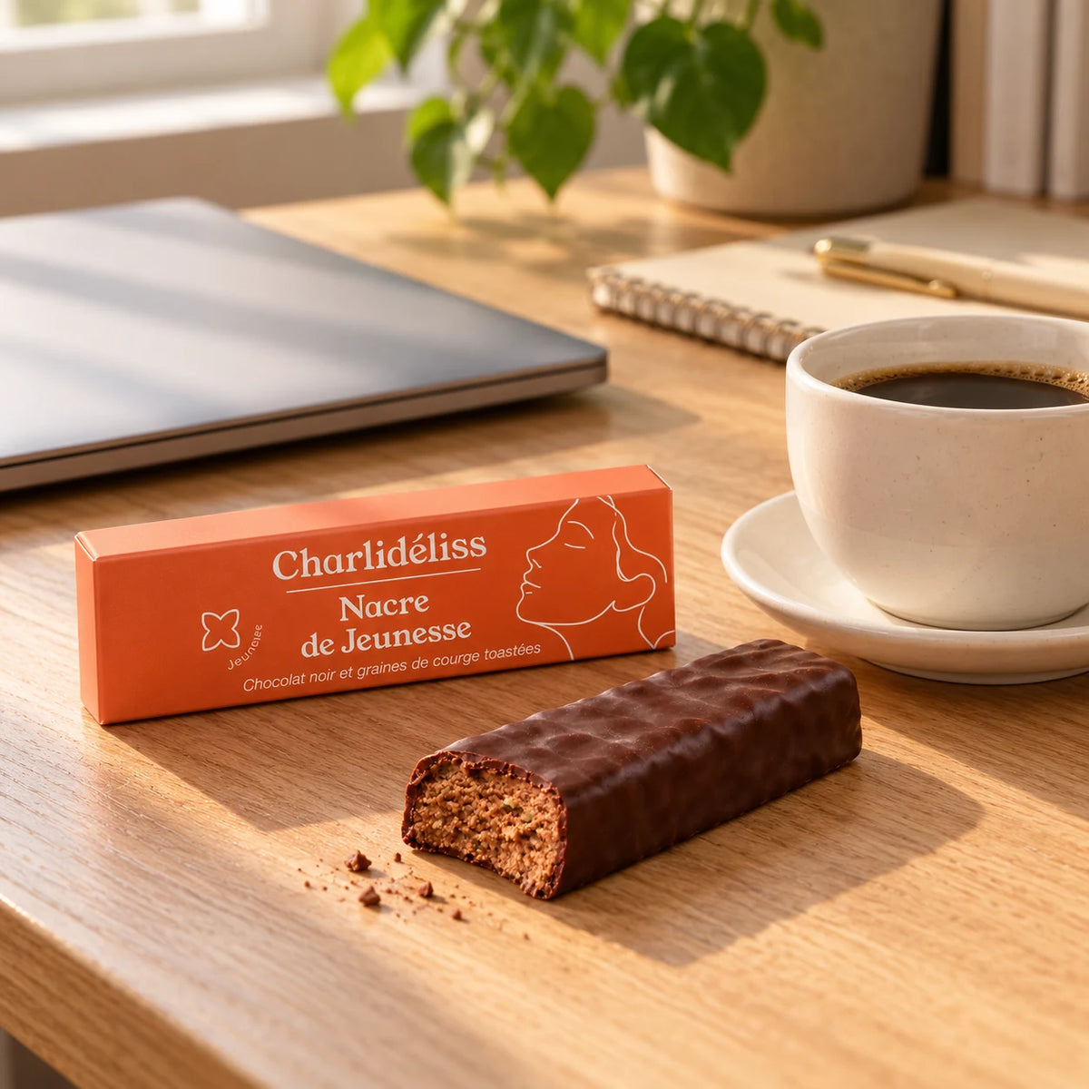 Pause gourmande de 16h au bureau avec une barre Nacre de Jeunesse