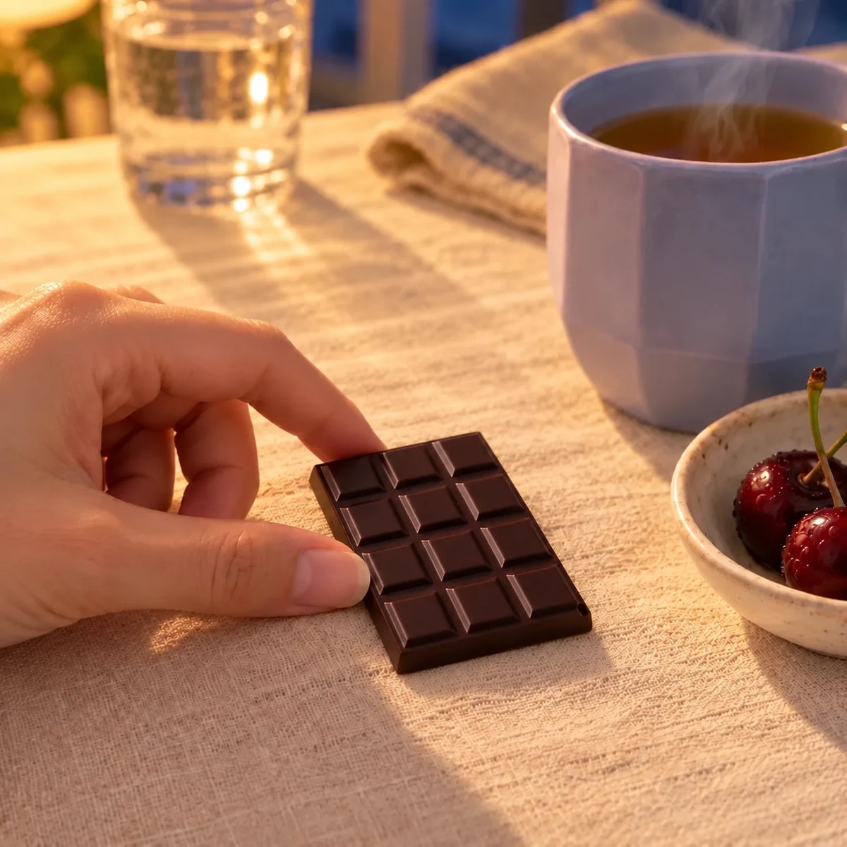 Rituel du soir avec un carré de chocolat à la mélatonine avant le coucher
