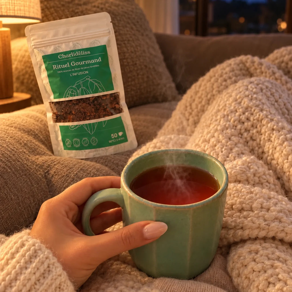 Pause cocooning avec une infusion cacao sous un plaid