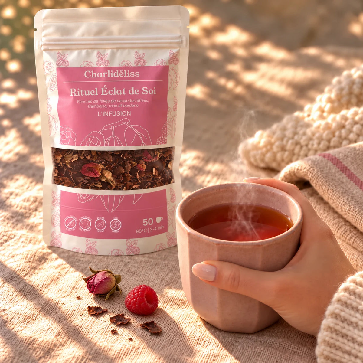 Tasse fumante de tisane pour la peau au cacao et à la framboise